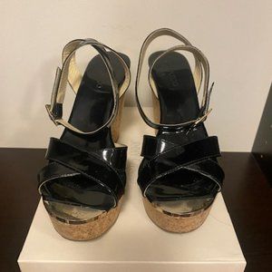 Jimmy Choo Black Patent Leather Cork Espadrilles Sz 38.5